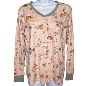 Cuddl Duds Womens Pink Cat Henley Pajama Top Size‎ Medium Cat Lady Weekend